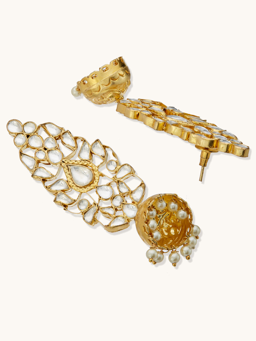 22K Gold-Plated Regal Kundan Stone Studded & Pearl Drop Jhumkas