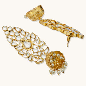 22K Gold-Plated Regal Kundan Stone Studded & Pearl Drop Jhumkas