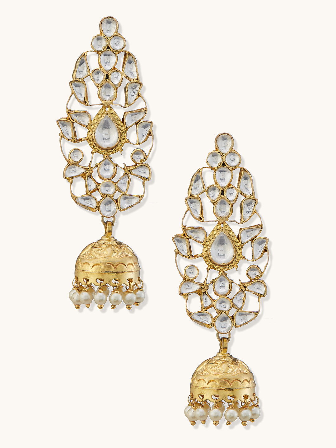 22K Gold-Plated Regal Kundan Stone Studded & Pearl Drop Jhumkas