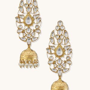 22K Gold-Plated Regal Kundan Stone Studded & Pearl Drop Jhumkas