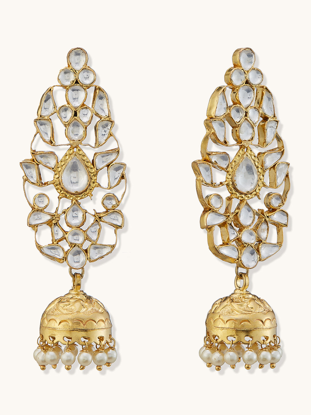 22K Gold-Plated Regal Kundan Stone Studded & Pearl Drop Jhumkas