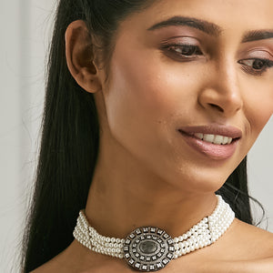 Pearl Beaded Semi Precious Labradorite Stone & Enamelled Choker Necklace