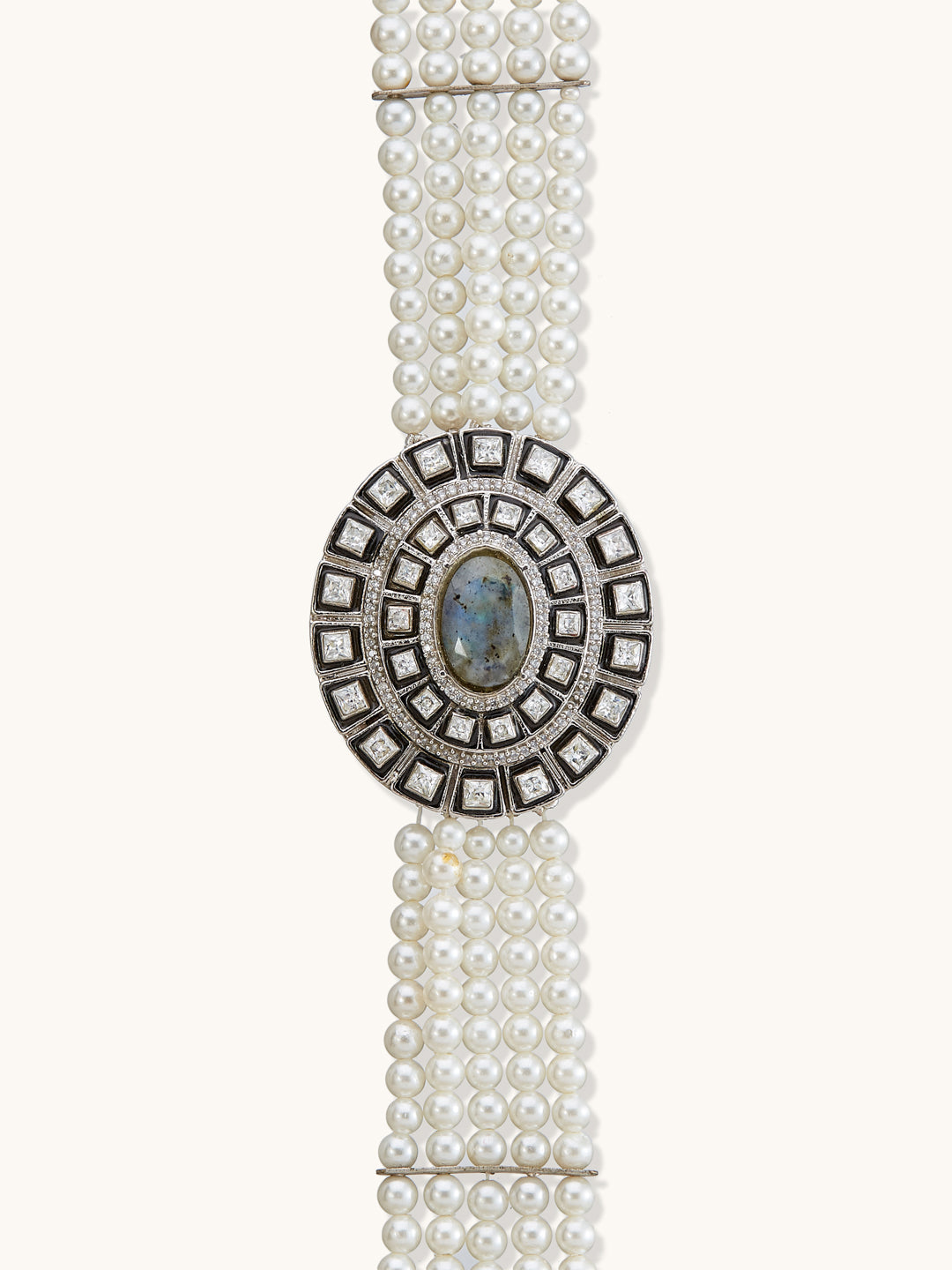 Pearl Beaded Semi Precious Labradorite Stone & Enamelled Choker Necklace