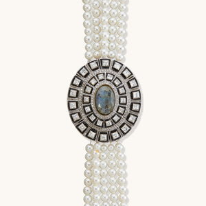 Pearl Beaded Semi Precious Labradorite Stone & Enamelled Choker Necklace