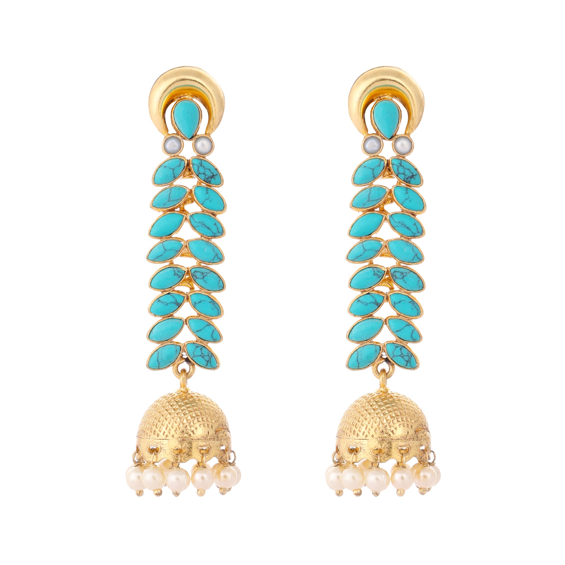 22K Gold Plated Pearl & Turquoise Stone Studded Contemporary Shaped Jhumkas