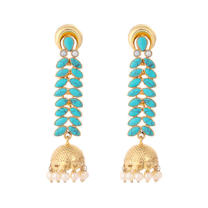 22K Gold Plated Pearl & Turquoise Stone Studded Contemporary Shaped Jhumkas