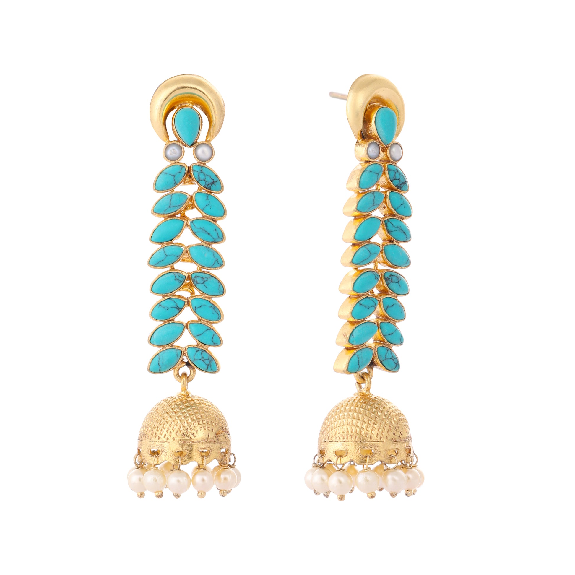 22K Gold Plated Pearl & Turquoise Stone Studded Contemporary Shaped Jhumkas