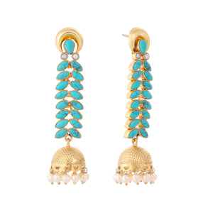 22K Gold Plated Pearl & Turquoise Stone Studded Contemporary Shaped Jhumkas