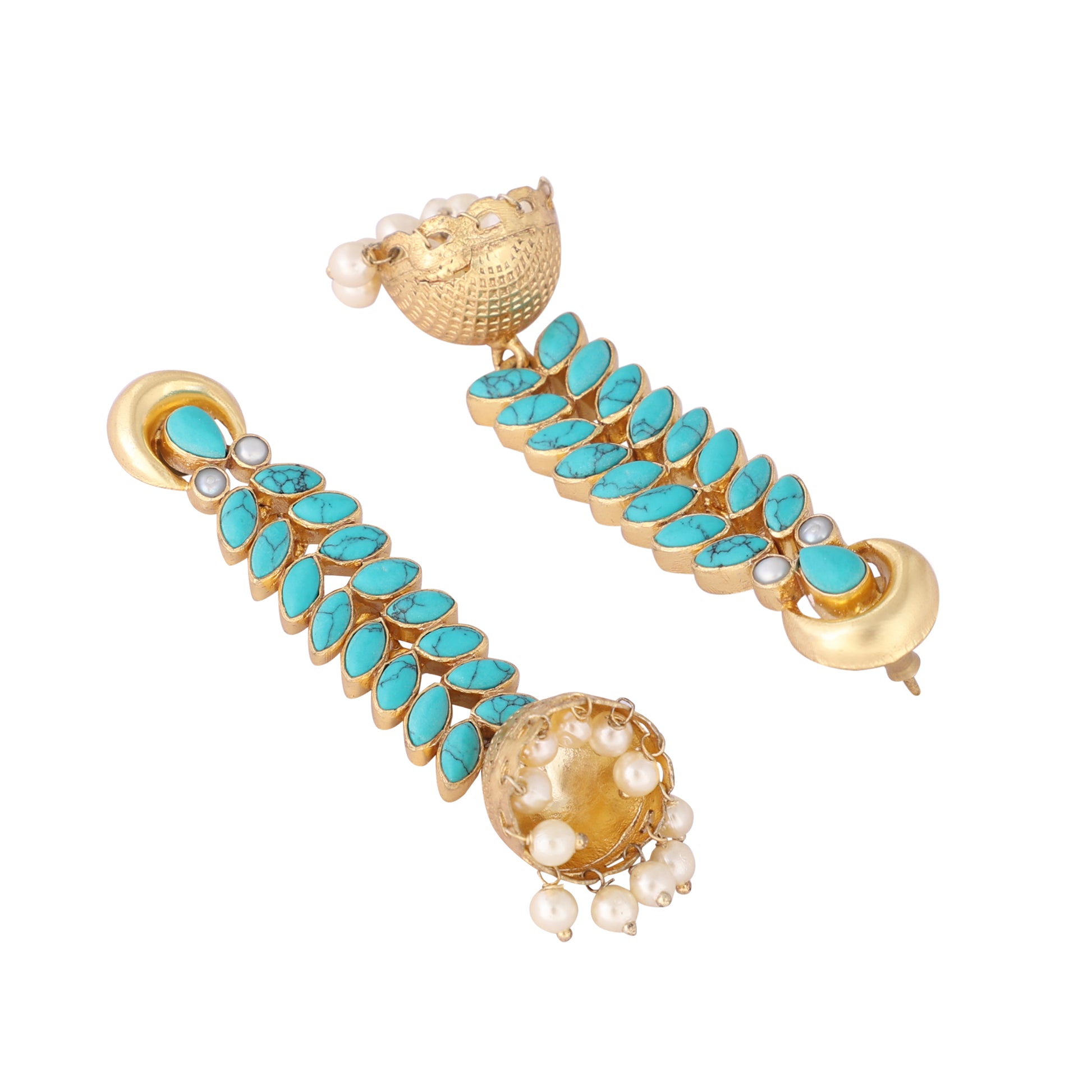 22K Gold Plated Pearl & Turquoise Stone Studded Contemporary Shaped Jhumkas