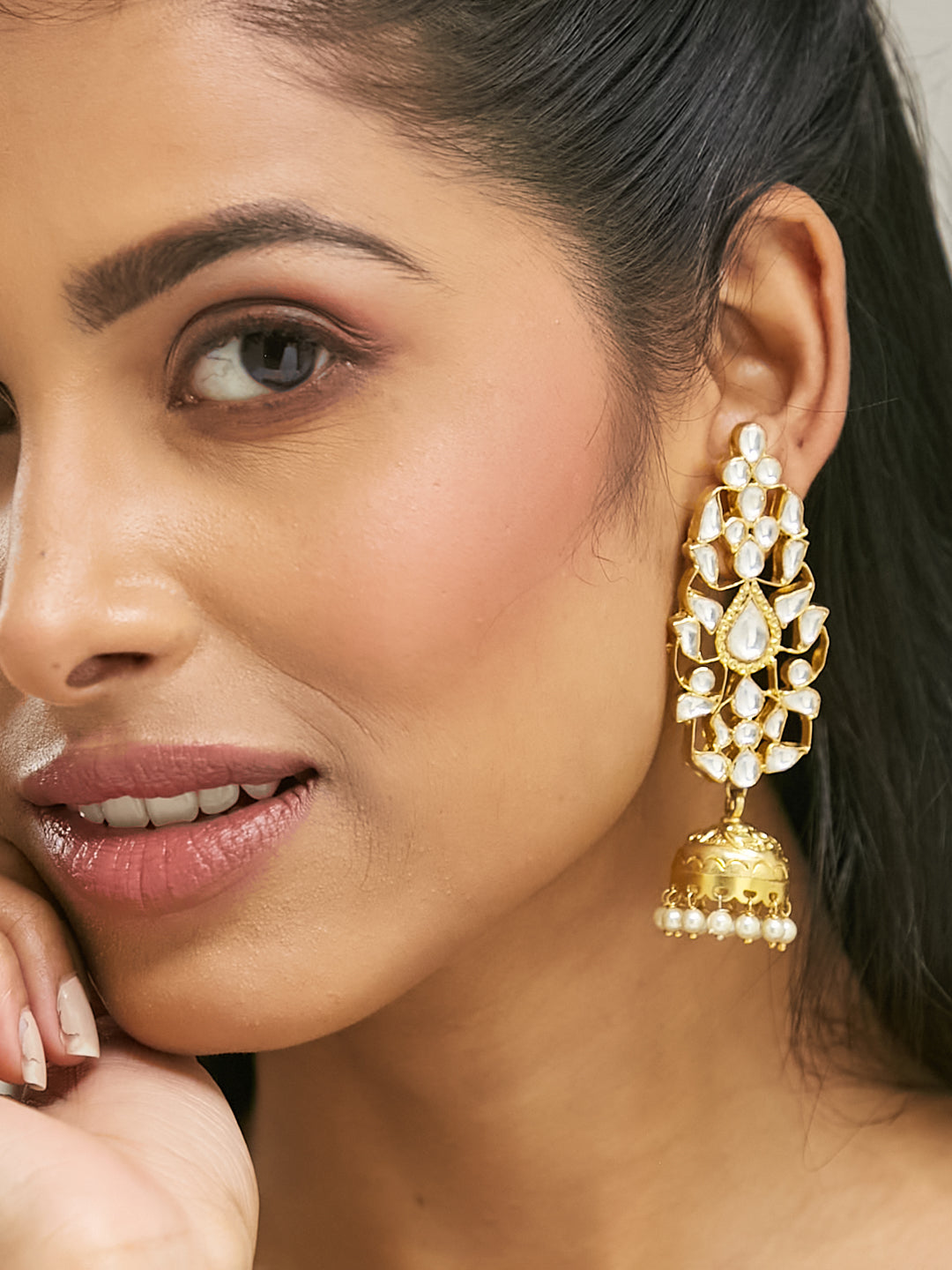 22K Gold-Plated Regal Kundan Stone Studded & Pearl Drop Jhumkas