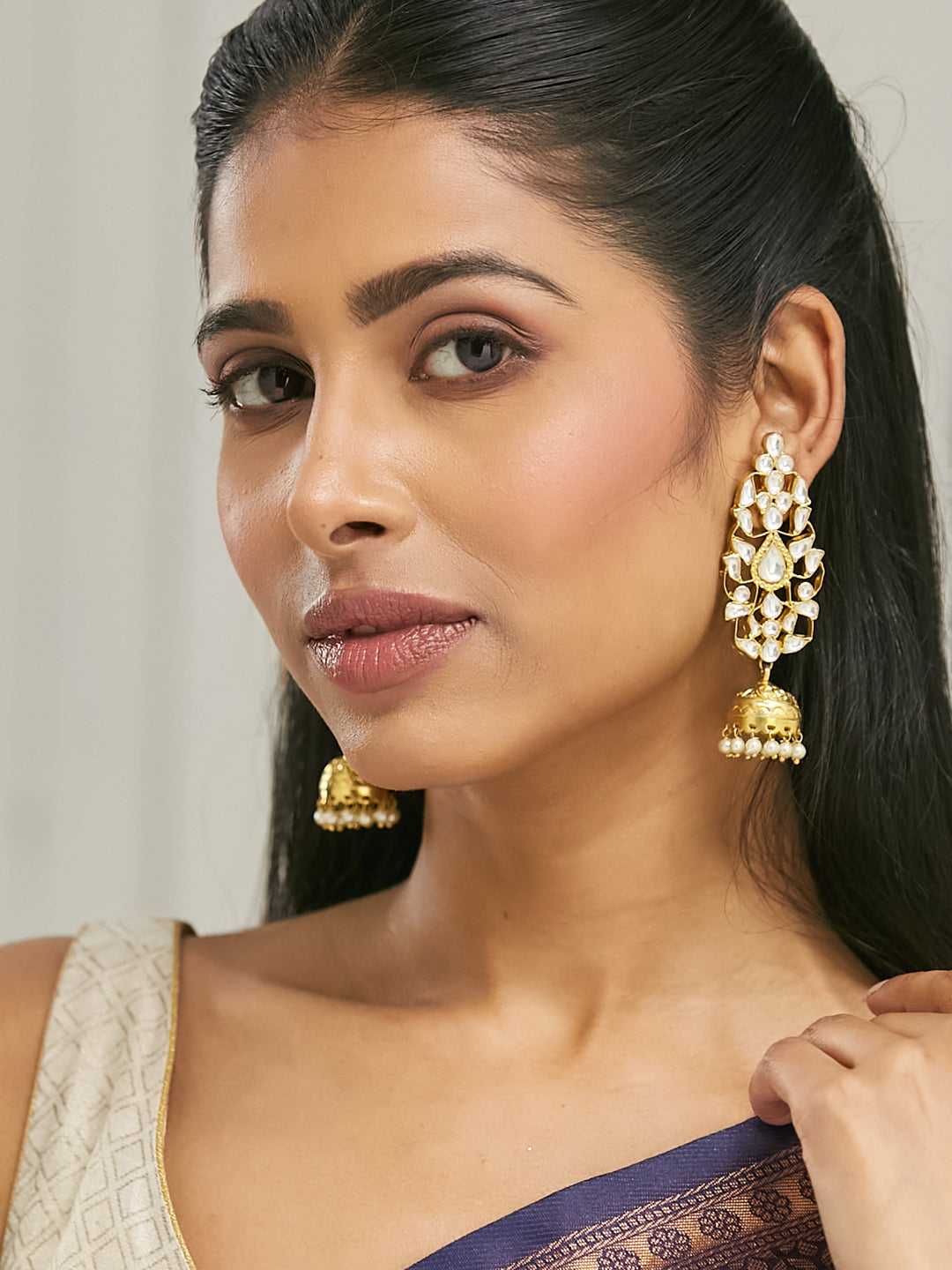 22K Gold-Plated Regal Kundan Stone Studded & Pearl Drop Jhumkas