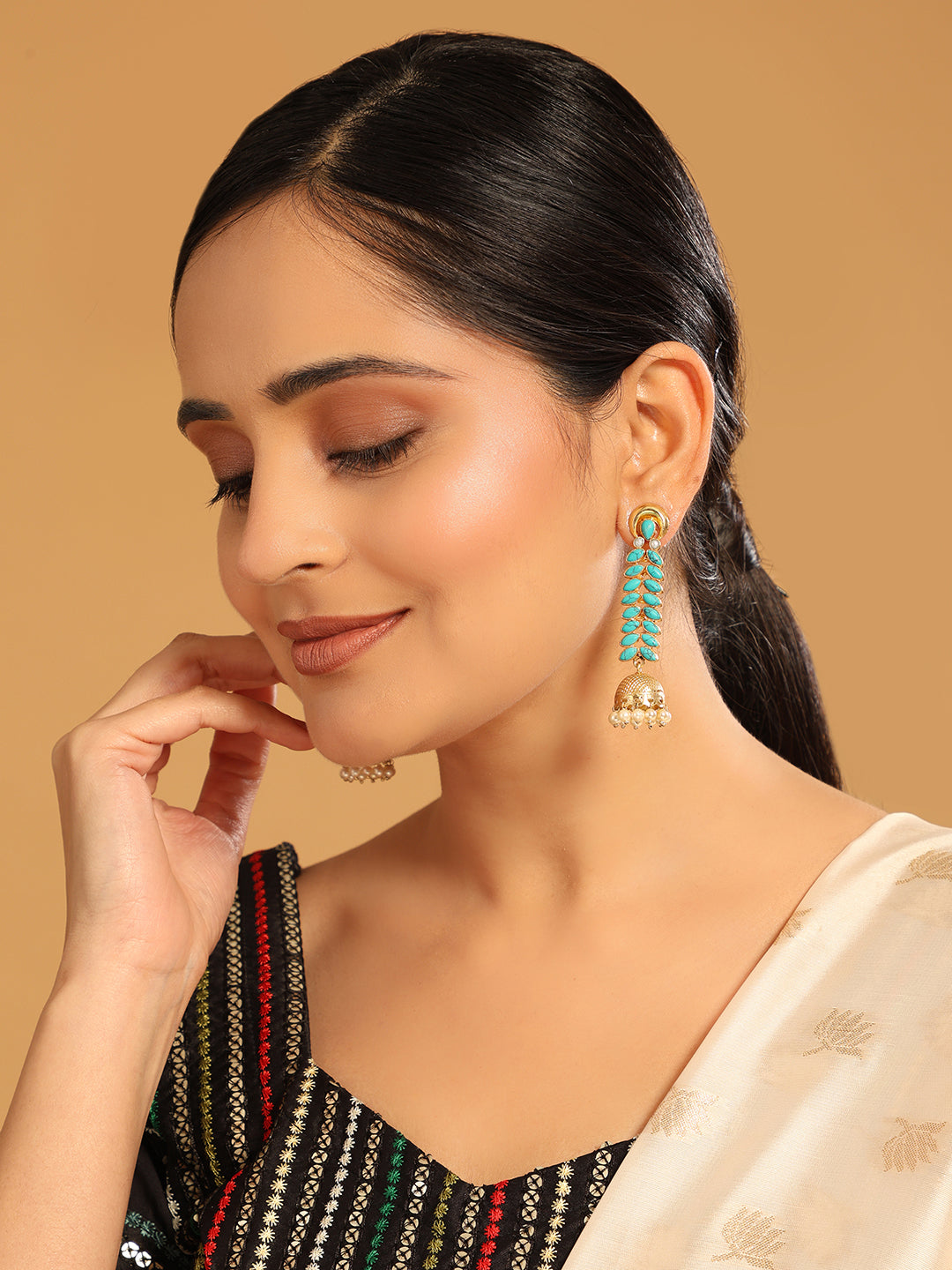 22K Gold Plated Pearl & Turquoise Stone Studded Contemporary Shaped Jhumkas