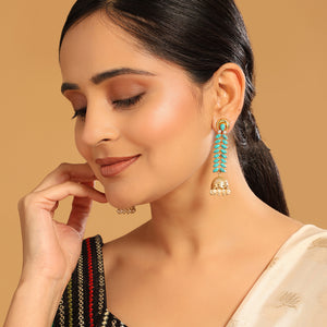 22K Gold Plated Pearl & Turquoise Stone Studded Contemporary Shaped Jhumkas
