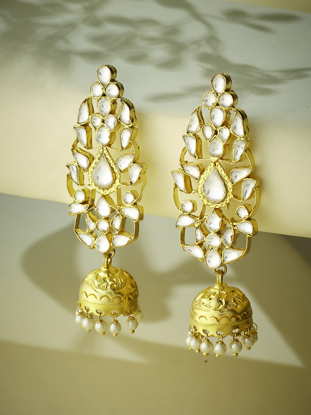 22K Gold-Plated Regal Kundan Stone Studded & Pearl Drop Jhumkas