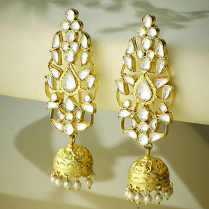 22K Gold-Plated Regal Kundan Stone Studded & Pearl Drop Jhumkas