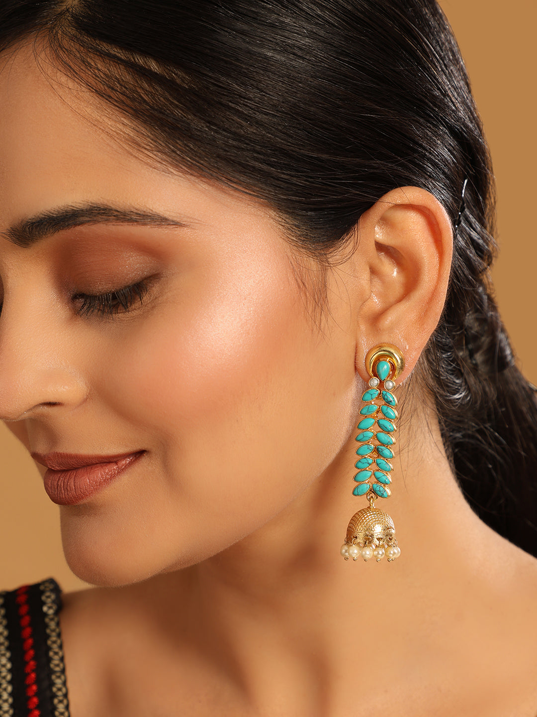 22K Gold Plated Pearl & Turquoise Stone Studded Contemporary Shaped Jhumkas