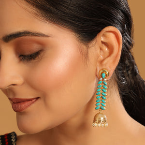 22K Gold Plated Pearl & Turquoise Stone Studded Contemporary Shaped Jhumkas
